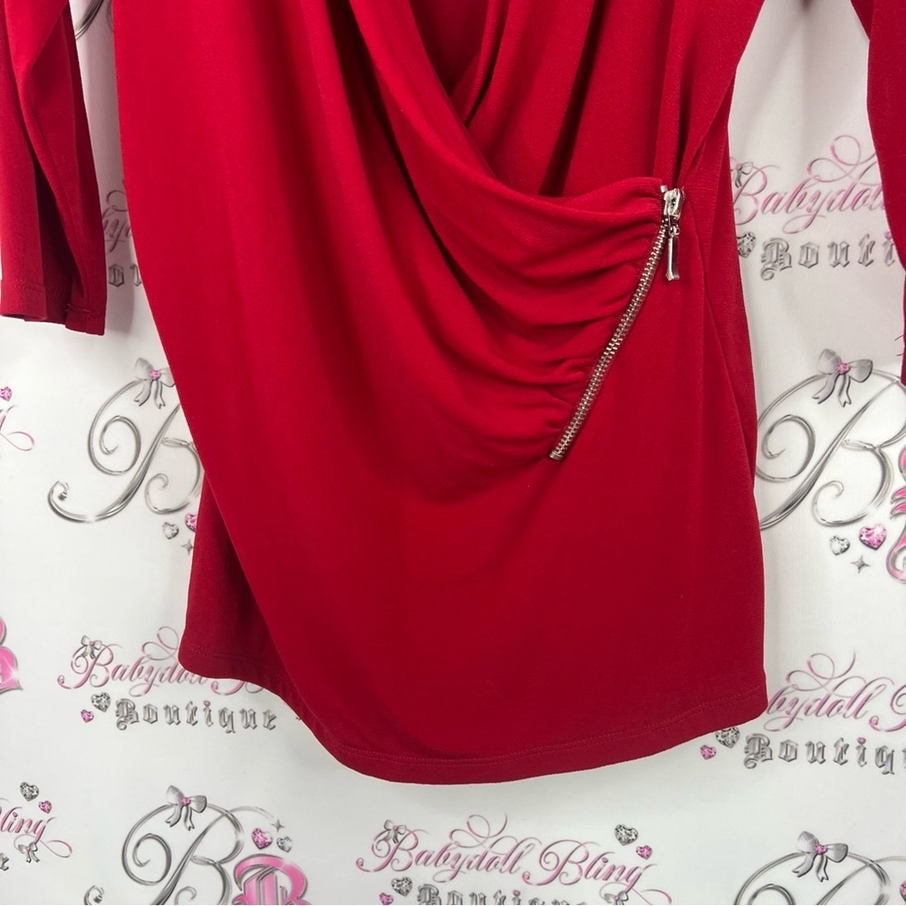 Ricki's long sleeve swoop style y2k Bold Red Drape Blouse with Zipper - Picture 3 of 8